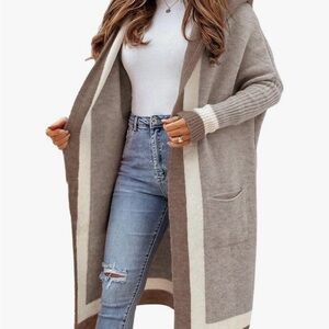 Women's Long Open Front Cardigan Sweater - Brown and Cream